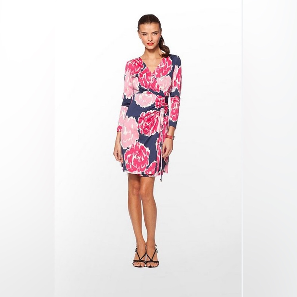 Lilly Pulitzer Augusta Floral Faux Wrap Dress Pink Blue 3/4 Sleeve SzM Silk Blnd
